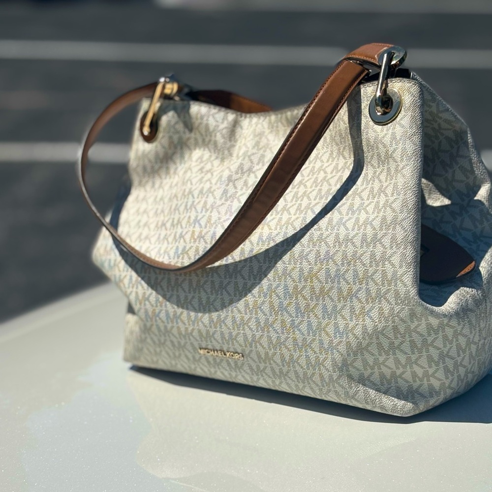 Michael Kors Cream and Brown Shoulder Bag with Monogram Pattern